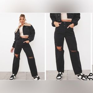 PRETTYLITTLETHING Washed Black Knee Rip Boyfriend Jeans